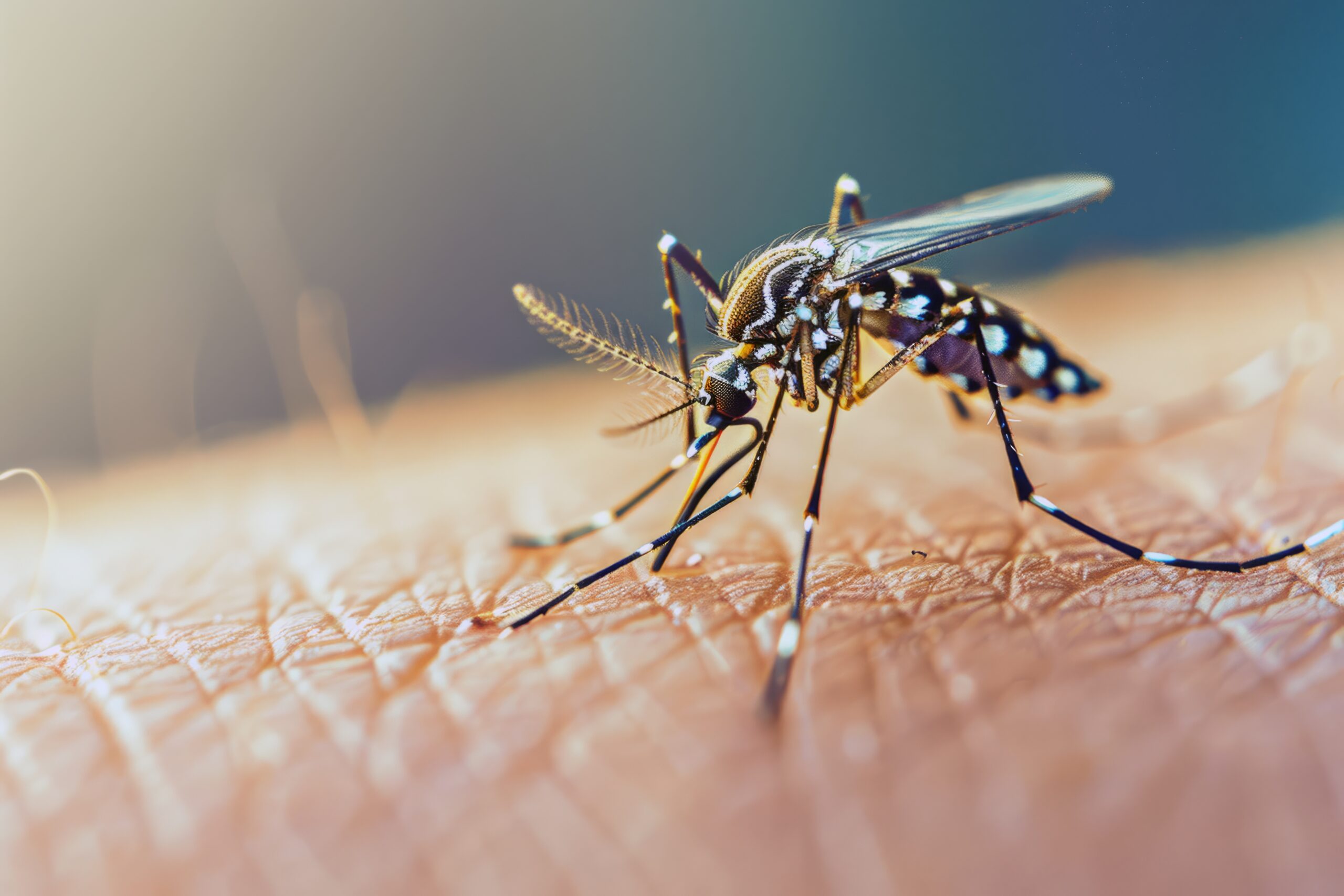 Κοντινή λήψη κουνούπιου τίγρη (Aedes albopictus) με χαρακτηριστικές λευκές ρίγες στα πόδια και στο σώμα, έτοιμο να τσιμπήσει ανθρώπινο δέρμα.